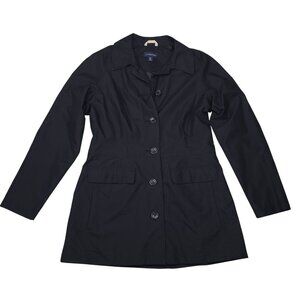 Lands End Trench Coat Jacket Lightweight Womens Size M 10-12 Black Button-Front